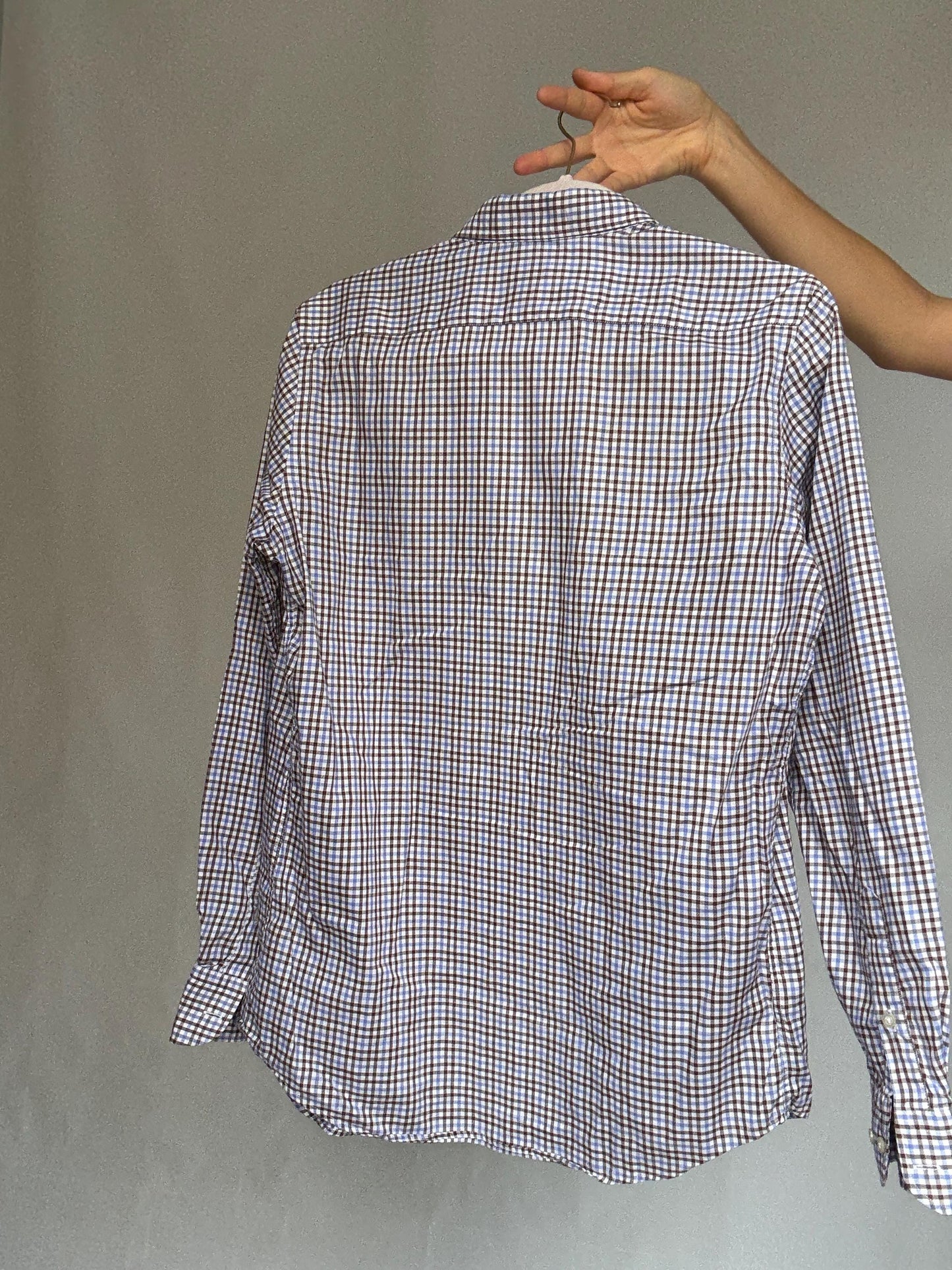 Massimo Dutti brown checkered shirt, cotton feel, relaxed fit, chest pocket, casual, US S, everyday wear
