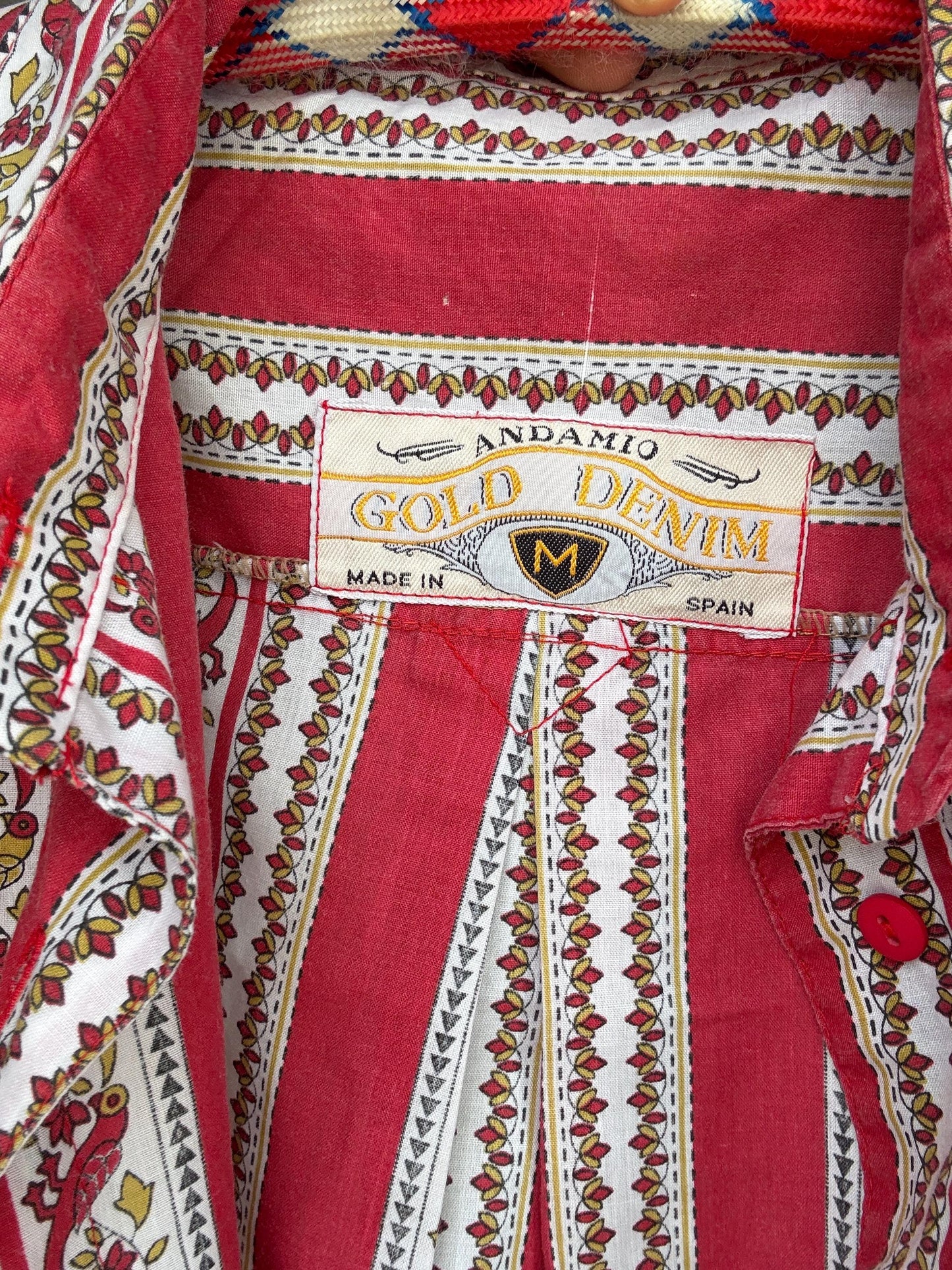 Vintage red patterned button, up shirt, cotton feel, relaxed fit, collared neckline, vibrant stripe and floral motif, bohemian vibe, US M