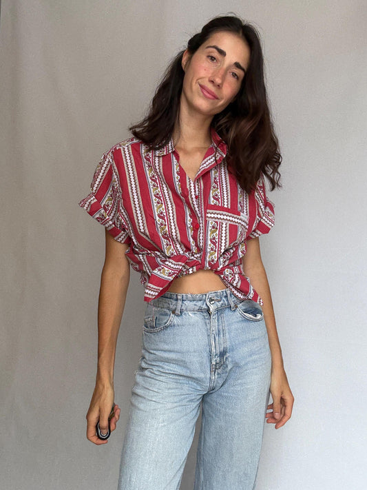 Vintage red patterned button, up shirt, cotton feel, relaxed fit, collared neckline, vibrant stripe and floral motif, bohemian vibe, US M