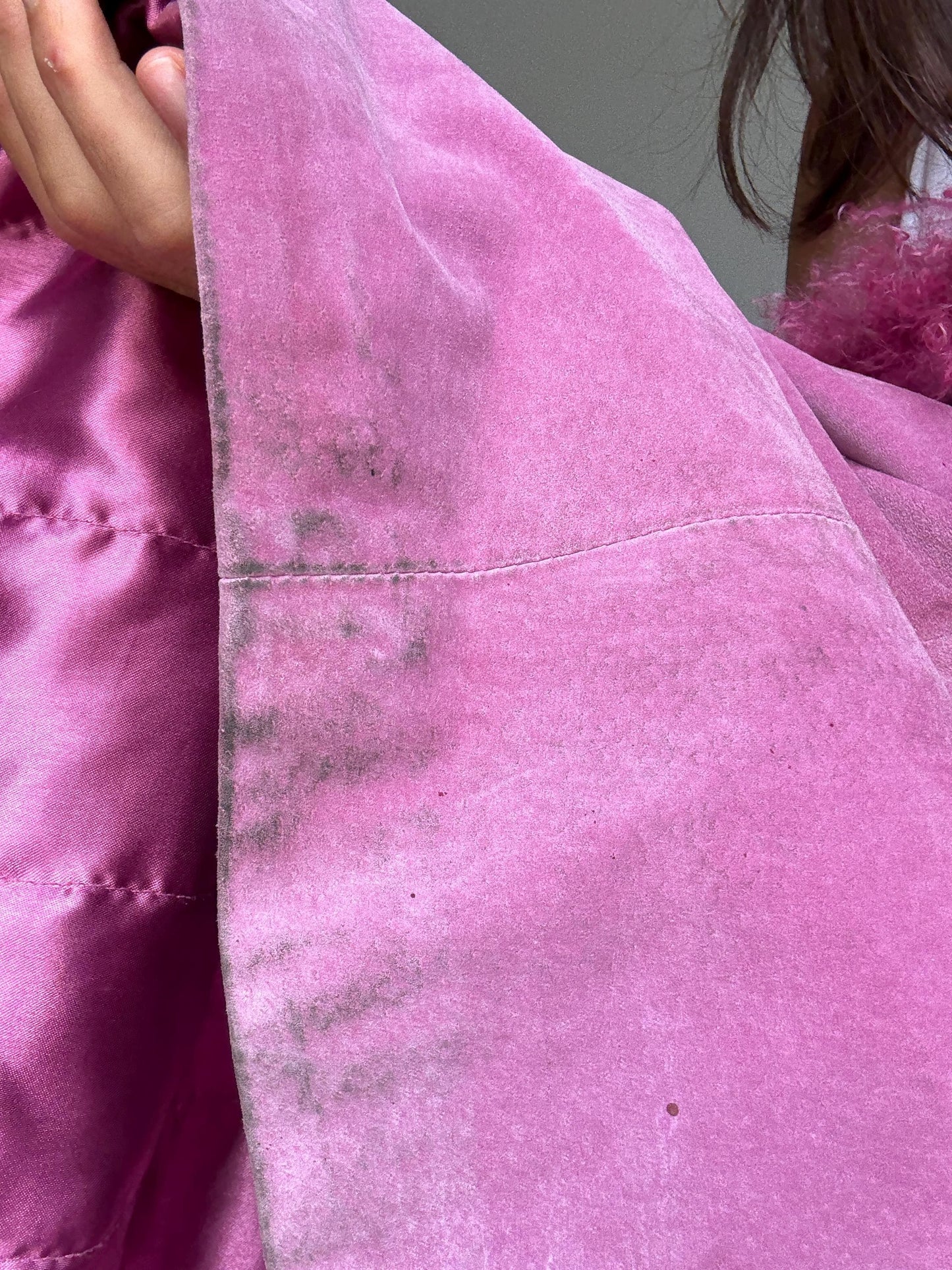 Vintage pink suede shearling coat, genuine leather, long silhouette, shaggy fur trim, retro 70s bold style, US XL, statement piece