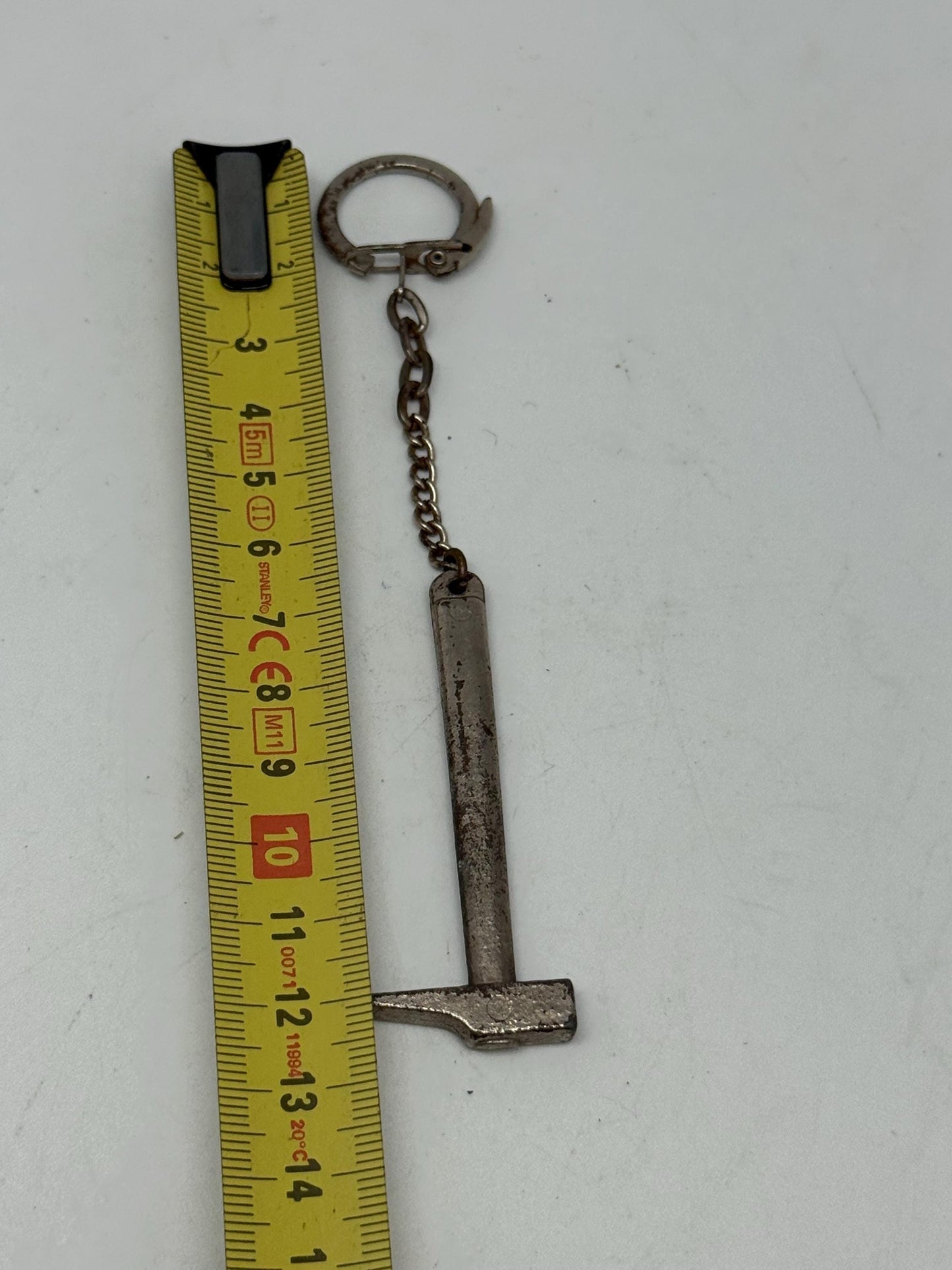 Vintage metal hammer keychain, novelty design, unique charm, slightly worn finish, casual, streetwear accessory, one size