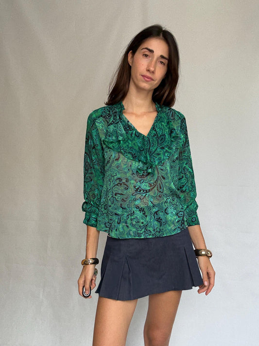 Vintage Green Paisley Chiffon Blouse — detail