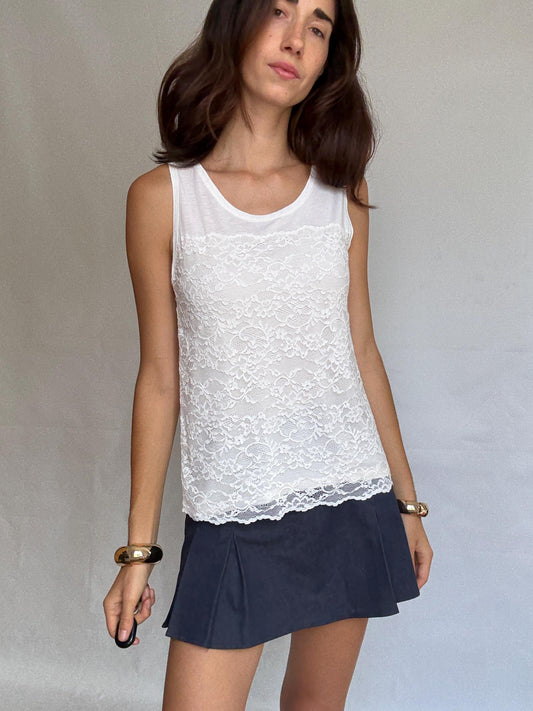 Massimo Dutti white sleeveless top, cotton feel, relaxed fit, lace overlay front, minimalist chic, US L, casual daytime wear, size M