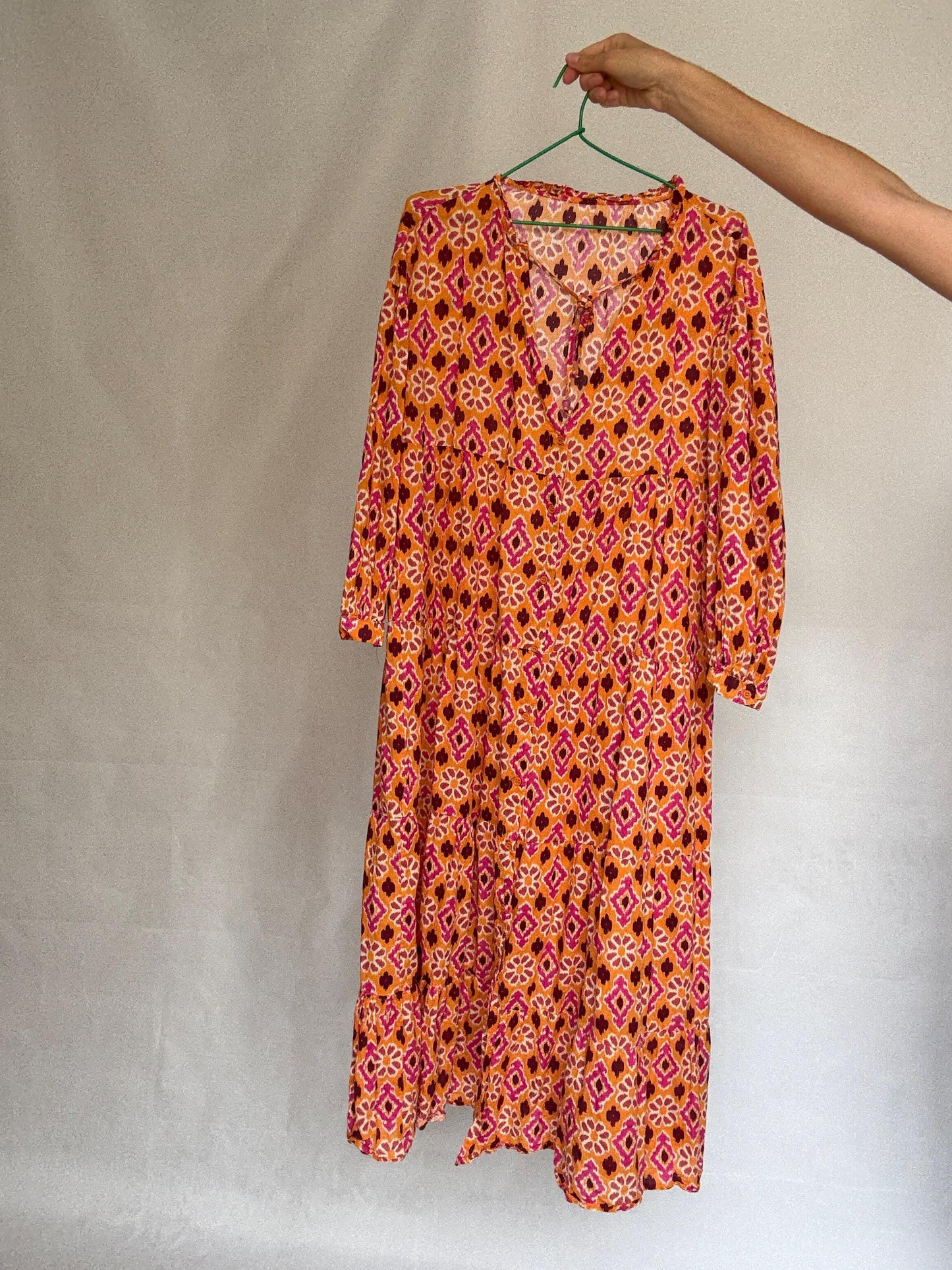 Vintage orange floral geometric dress, 100% cotton, relaxed fit, v, neck with tie detail, tiered design, bohemian casual, US XL
