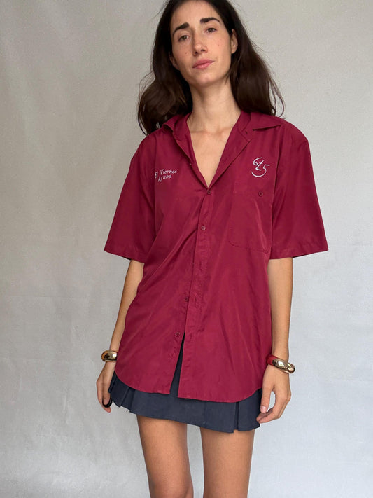 Silk Maroon Short Sleeve Shirt With Embroidery — detail