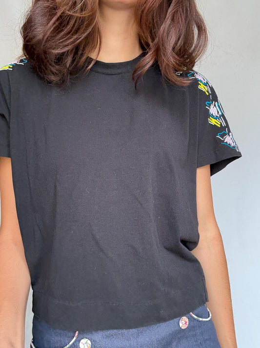 Black casual t-shirt, cotton blend, relaxed fit, floral embroidery on shoulders, casual chic, US S, everyday wear