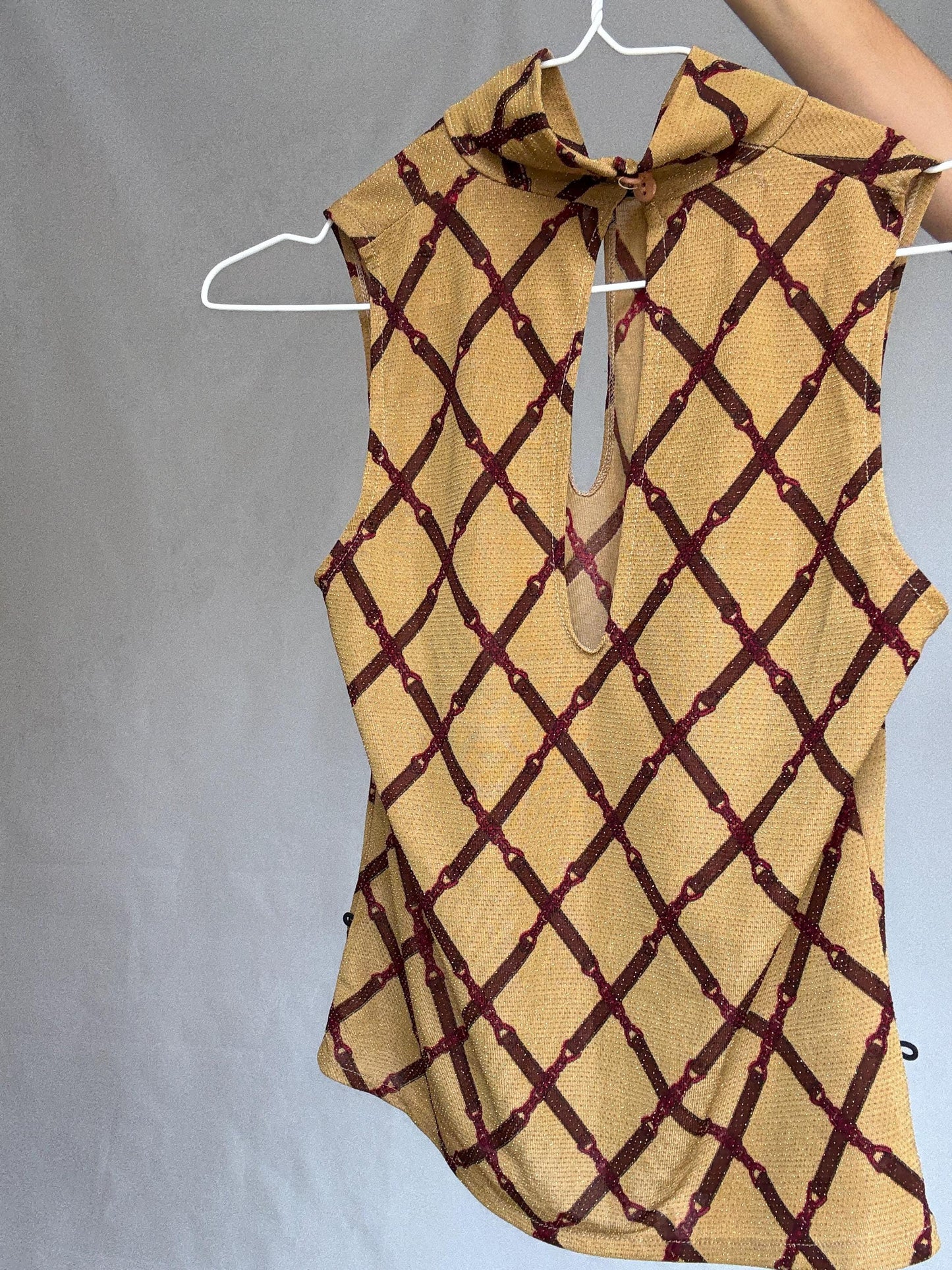 TRB by tru blu tan sleeveless top, cotton feel, high neck, keyhole neckline, grid pattern, retro 90s y2k, US M, streetwear vibe