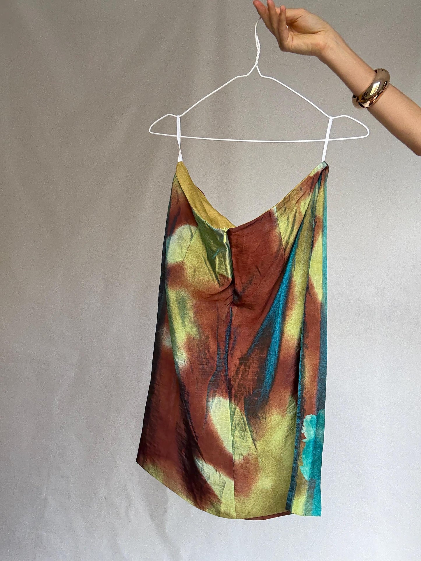 Vintage abstract floral skirt, silky feel, straight cut, colorful print, artistic flair, vintage 90s, US L, evening statement piece