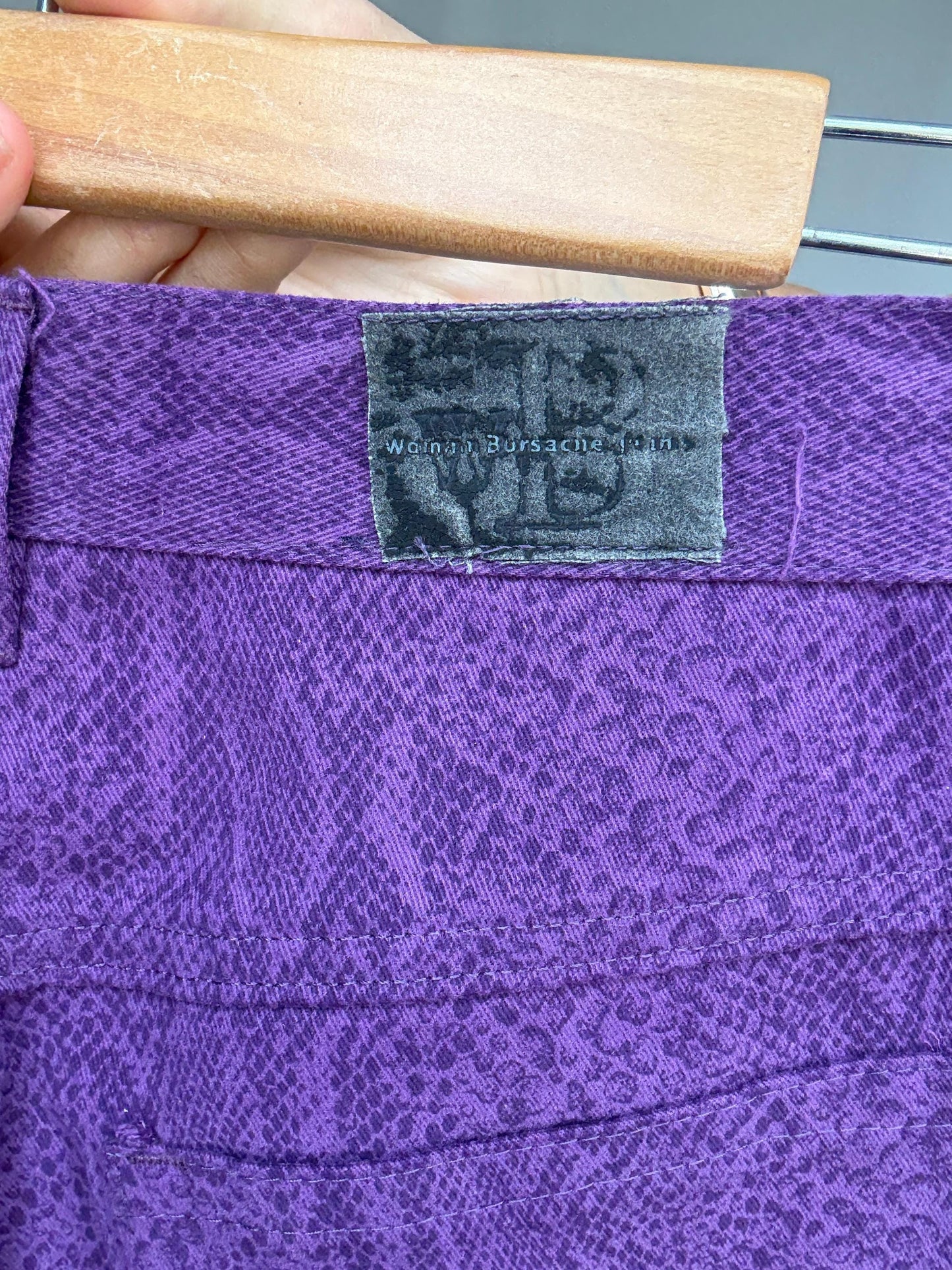 Vintage purple snake print jeans, 100% cotton, high waist, straight leg, textured pattern, retro_80s vibe, US XS, streetwear chic