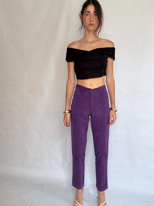 Vintage purple snake print jeans, 100% cotton, high waist, straight leg, textured pattern, retro_80s vibe, US XS, streetwear chic