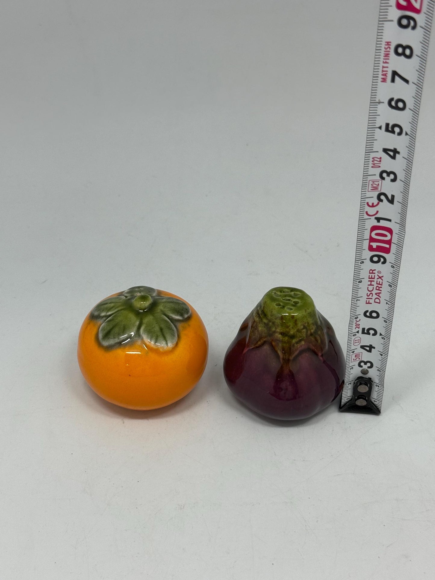 Vintage persimmon and eggplant ceramic salt and pepper shakers, hand, painted design, playful kitchen decor, bohemian touch