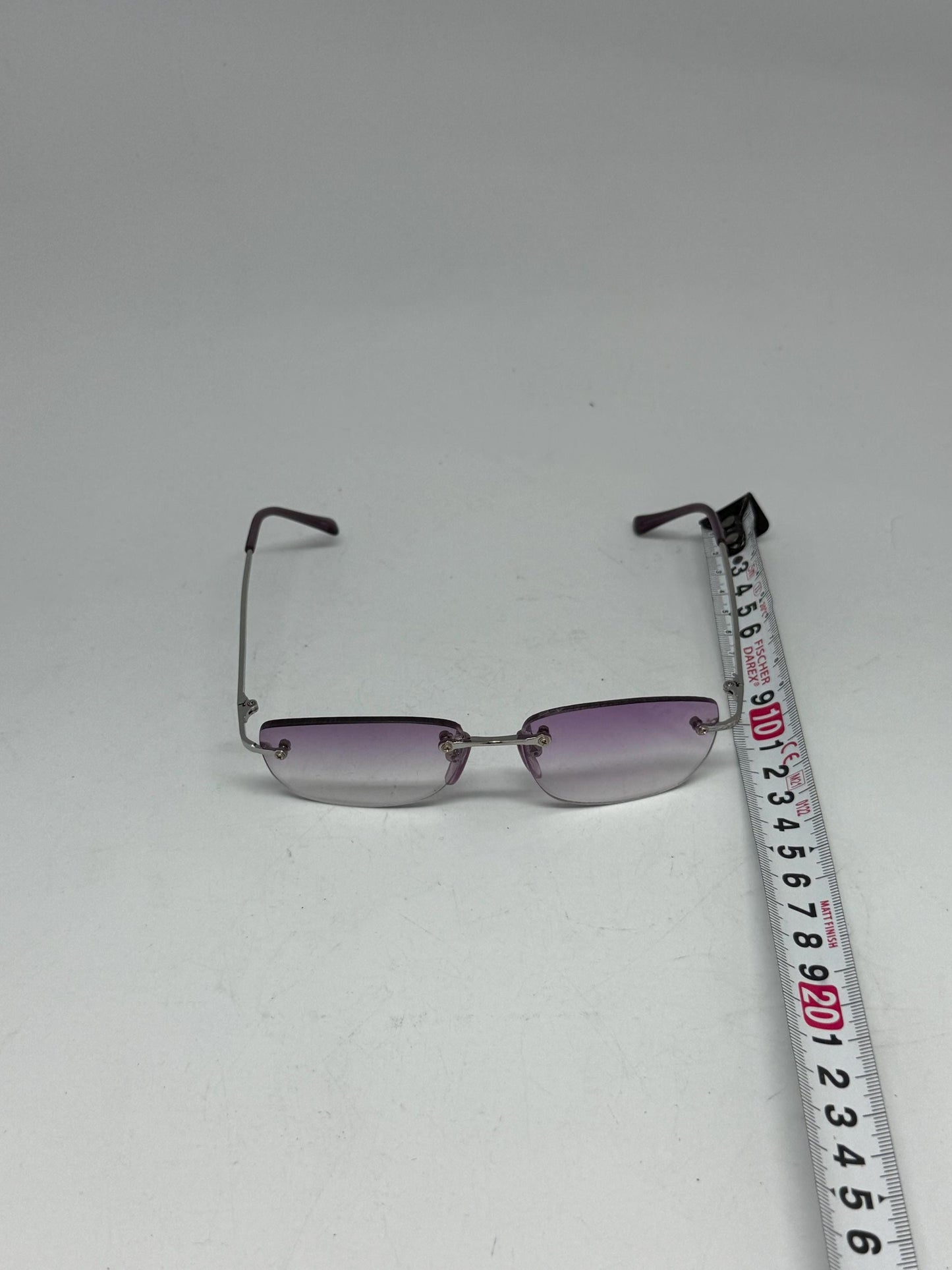 Retro Y2K rimless sunglasses, Italian made, rectangular gradient lenses, purple to clear tint, metal frame, indie, sleaze vibe