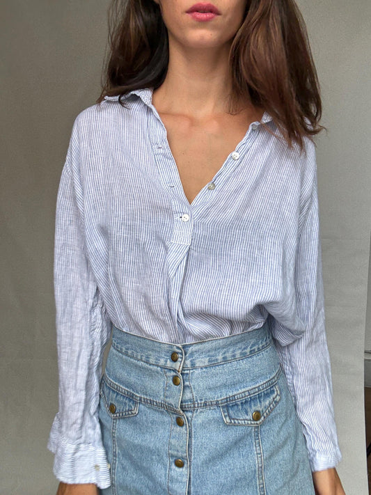 Blue and white striped linen blouse with mother of pearl buttons, L