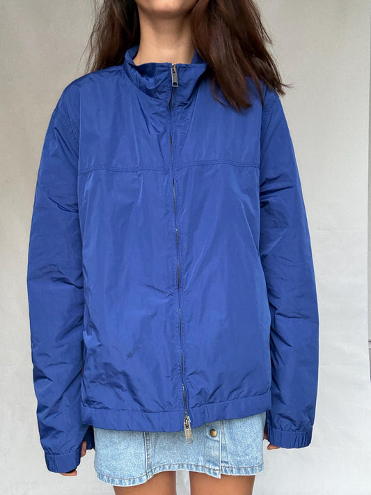 Burberry London blue windjacket, polyester with cotton lining, relaxed fit, raincoat style, elegant modern vibe, US L,