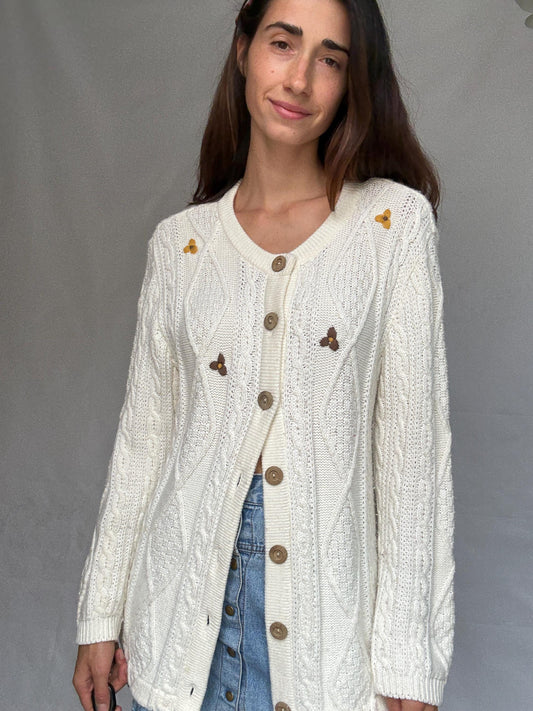 Vintage white cardigan with floral embroidery, Wool blend jumper, Cottagecore inspired Zooey Deschanel, US XL, cozy winter layering