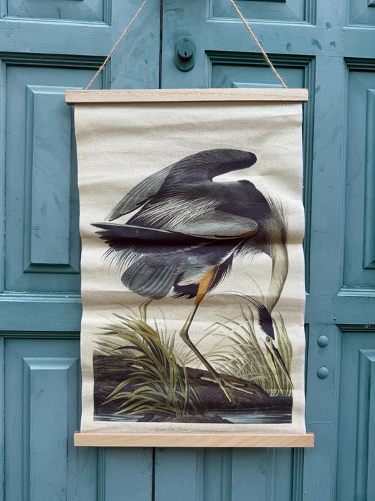 John James Audubon Style Great Blue Heron Linen Wall Hanging, Natural History Bird Illustration, Vintage Inspired Home Decor