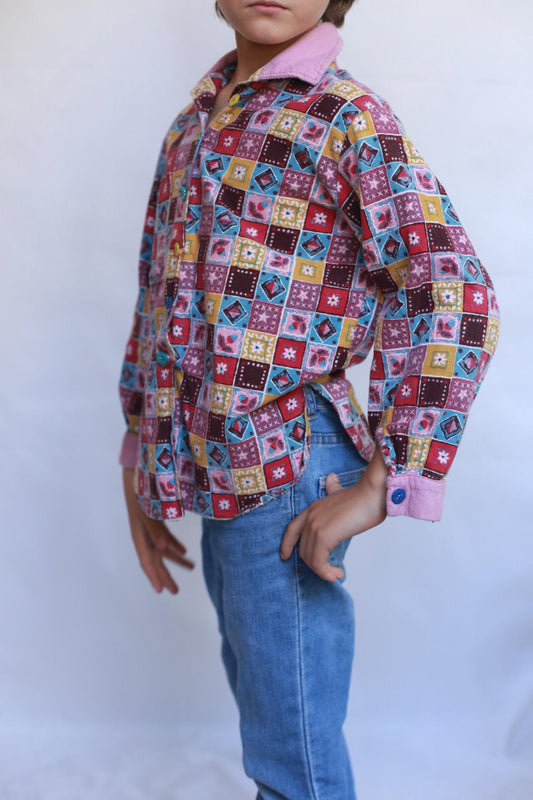 Vintage multicolored patchwork shirt, cotton, regular fit, floral button detail, bohemian eclectic, US M kids, streetwear casual, EU 116