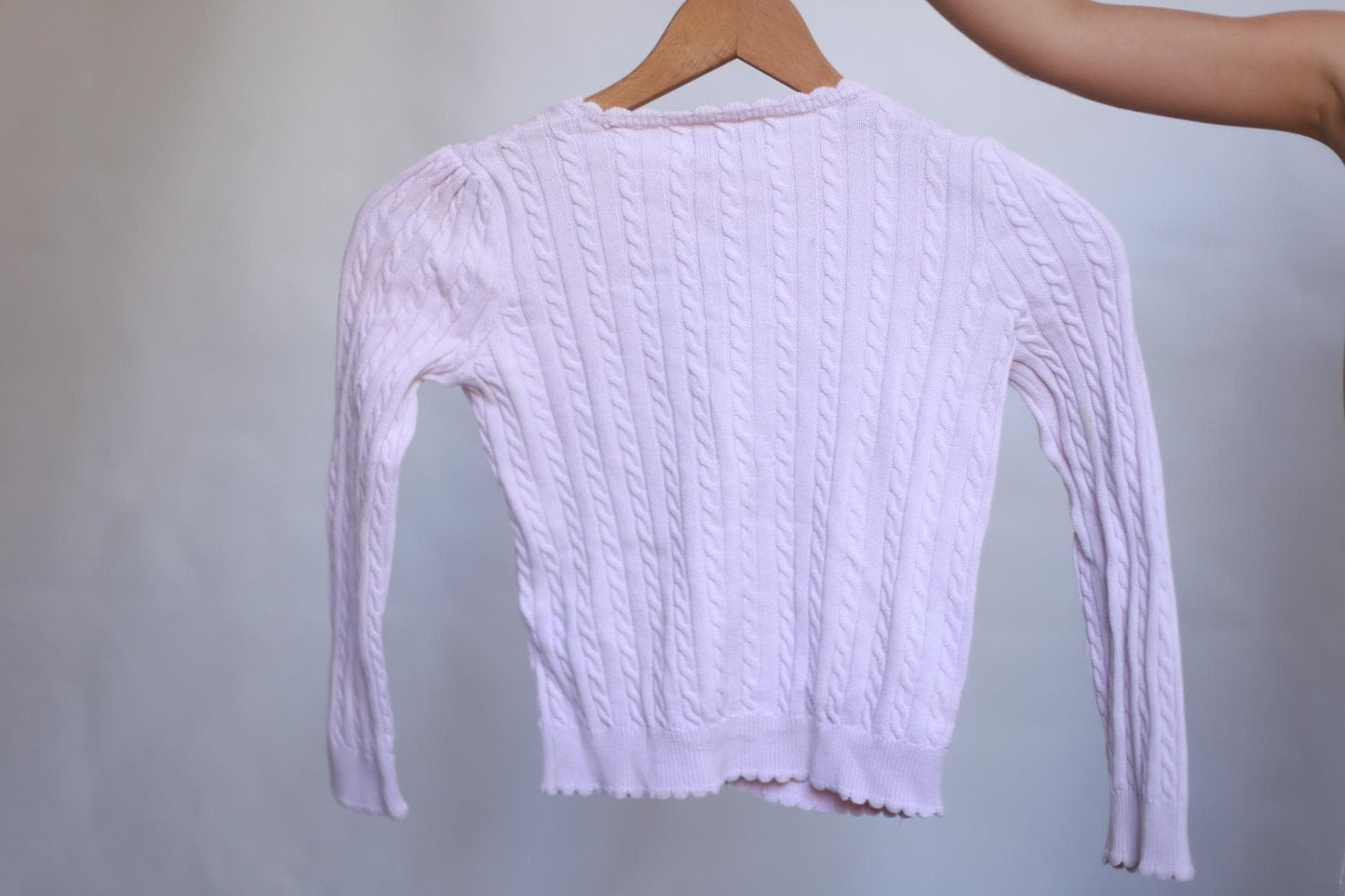 Polo Ralph Lauren light pink sweater, classic fit, cable knit texture, casual feminine, US 6 kids, versatile wear
