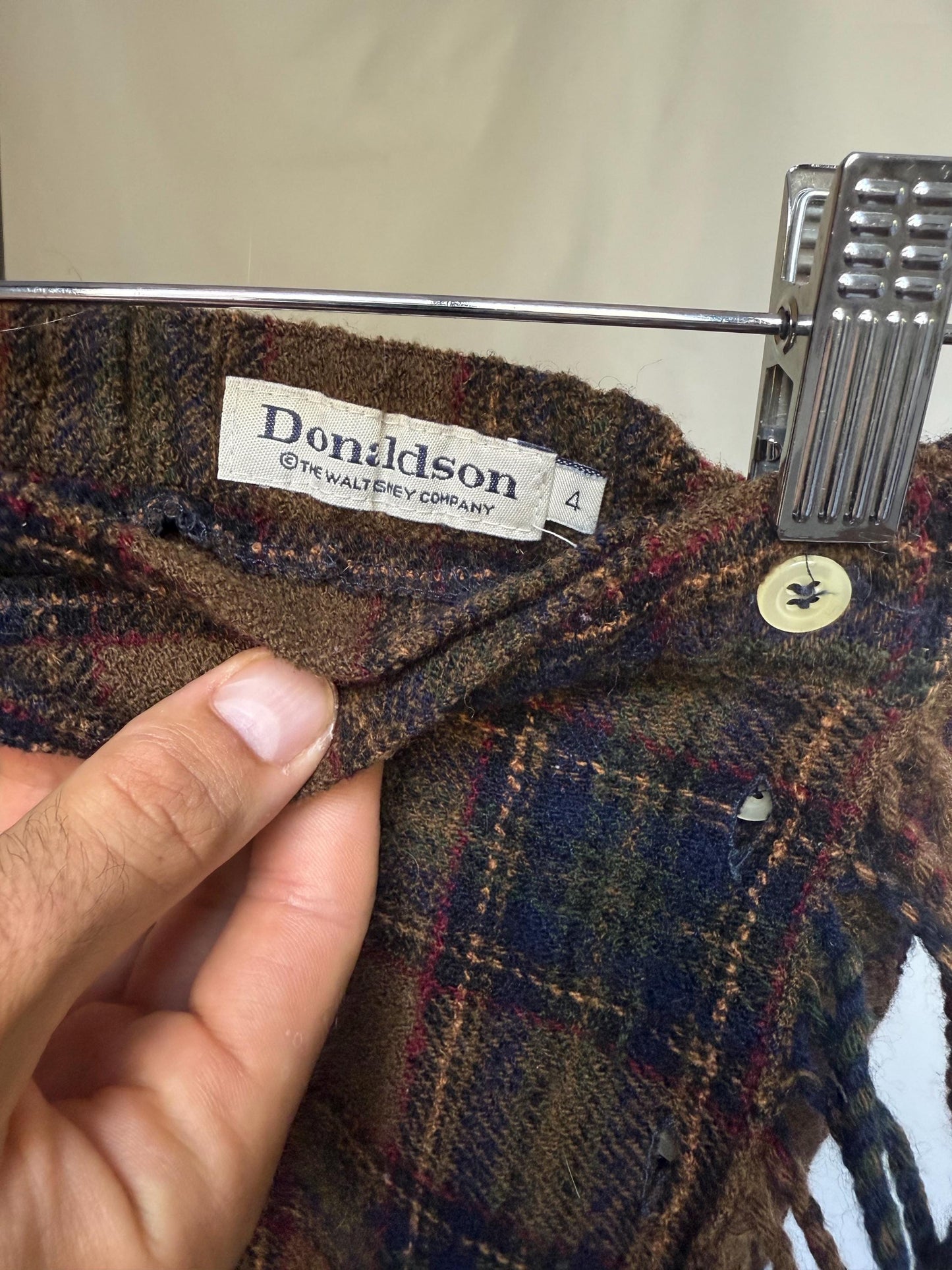 Donaldson plaid children's skirt, wool, line fit, fringe edges, embroidered cartoon detail, US XS, rustic play outfit, made in Belgium