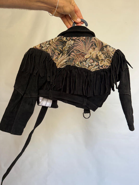 Unique cropped Vintage children's black suede jacket, unique tapestry and fringe embellishments, western kids coat