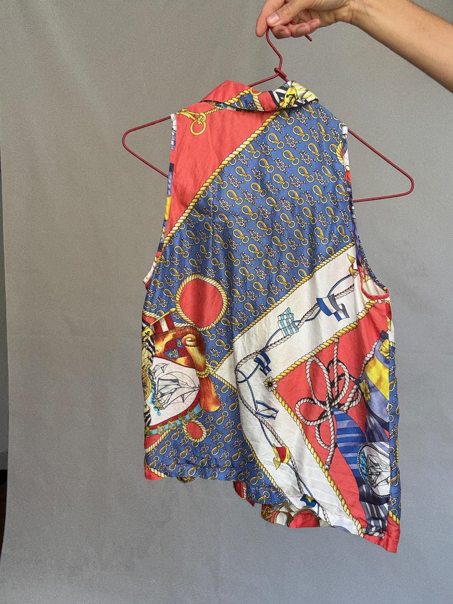 Vintage nautical print blouse, Lovely tiefront retro 80s top, Cher vibe, US S, summer streetwear