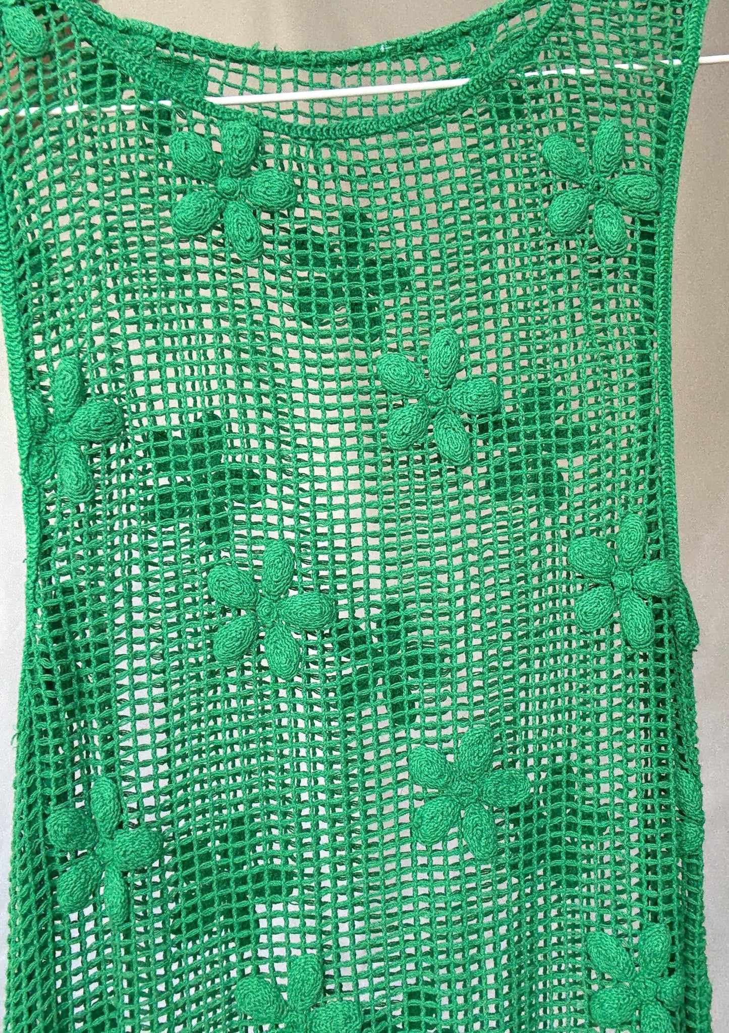 Green sexy crochet maxi dress with side splits, floral crochet design long summer dress, bohemian, US M, summer beachwear