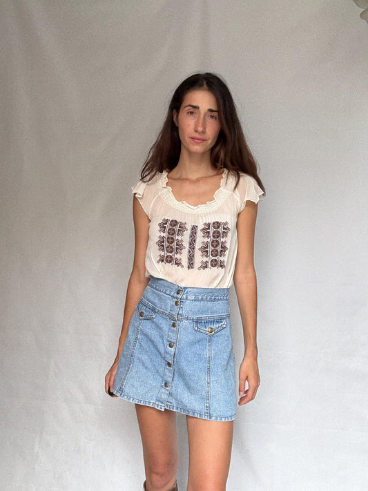 Vintage sheer embroidered blouse with round neckline, cottagecore bohemian see through festival top, casual daywear, Size XS