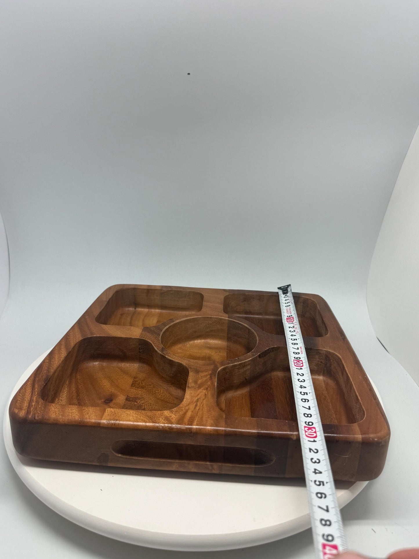 Vintage wood serving tray, rich natural wood with rounded edges, versatile compartments, retro 80s waldorf, artistic display