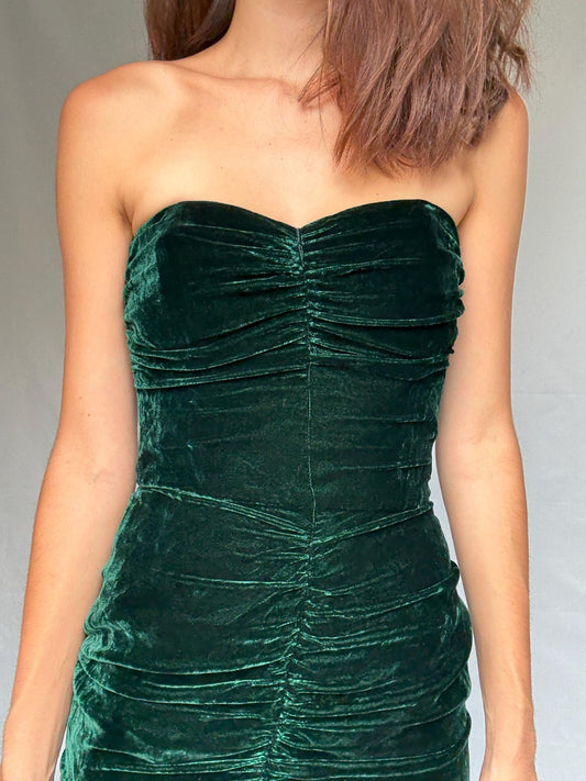 Velvet silk Christina Stawboliey deep green dress, bustier body, hourglass silhouette, XS