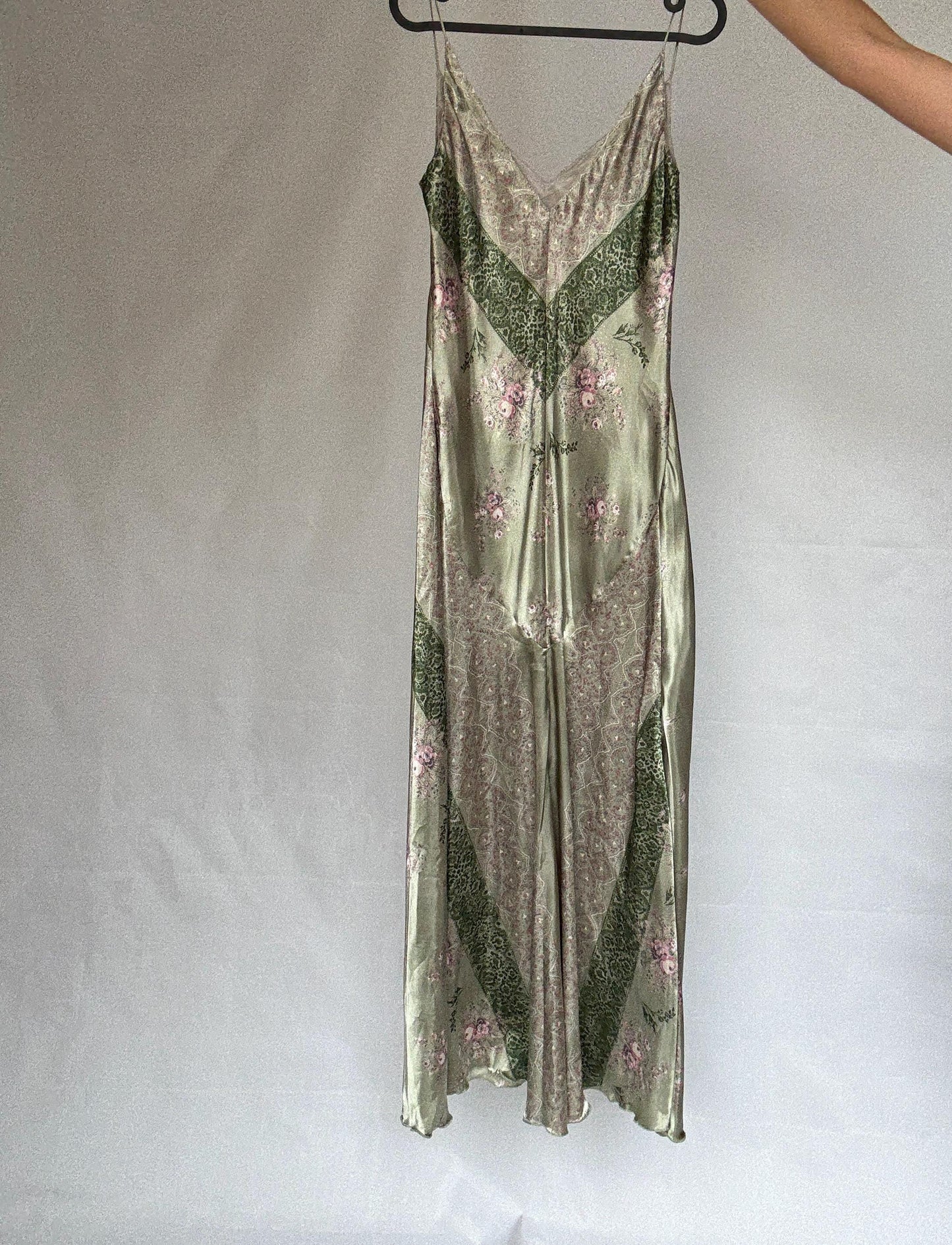 Vintage green and pink satin slip dress, floral paisley pattern,US M