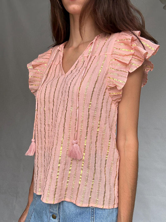 Pink And Gold Striped Cotton Top — detail