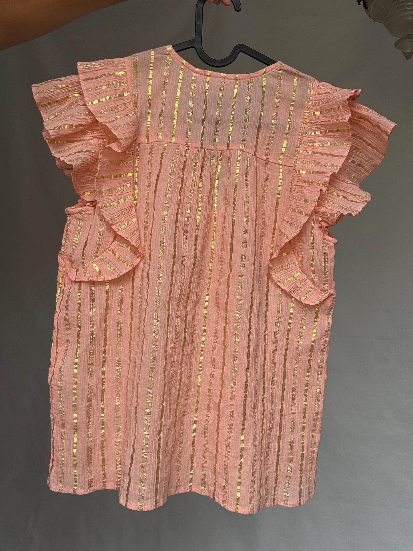 Vila pink and gold striped cotton top with metallic shimmering stripes, Romantic touch, US XS, summer sparkle wear