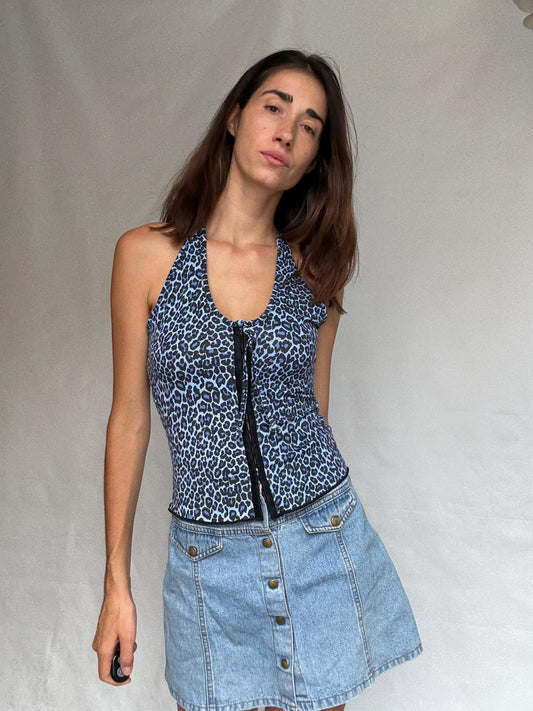 Vintage Y2K blue leopard halter top, Corset hook and loop front, Playful animal print, US M, 90s evening statement piece