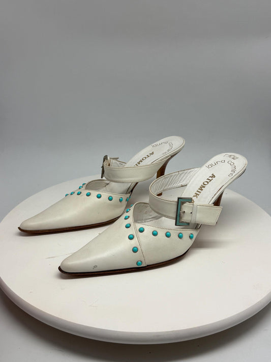 Laura Camino white leather mules, genuine leather, pointed toe, made in spain, turquoise embellishments, minimalist modern, US 7.5, EU 38