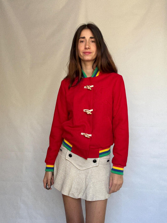 United Colors of Benetton red jacket, 100% cotton, regular fit, toggle buttons, multicolored ribbed details, retro 80s, US L, streetwear