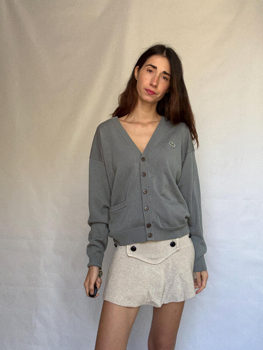 Vintage Lacoste gray cardigan, wool blend, v neck button front, ribbed cuffs, vintage casual vibe, US XL, versatile layering