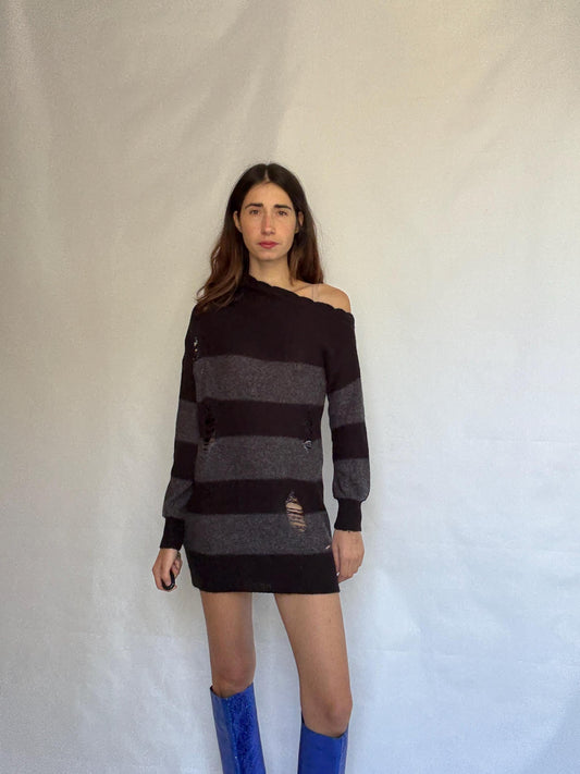 Guess Los Angeles dark gray and black asymmetric sweater dress, wool blend, slim fit, distressed knit with ribbed cuffs
