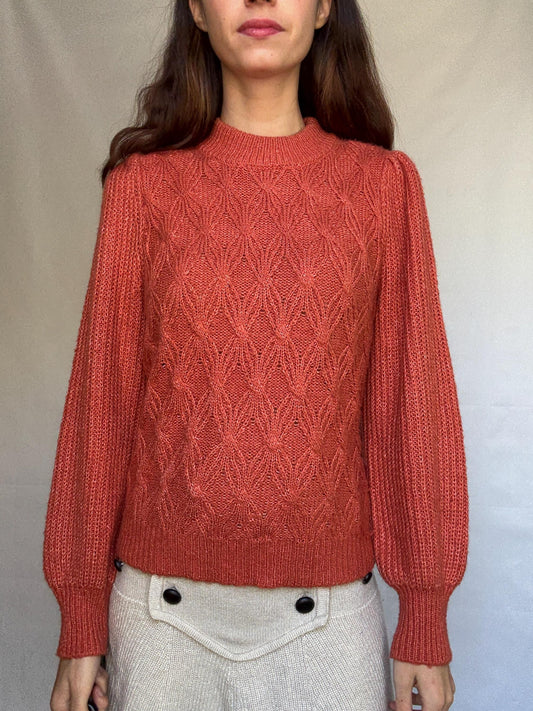 Vintage burnt orange sweater, chunky knit, ribbed crew neck, textured pattern, minimalist streetwear, US L, cozy campus style, US