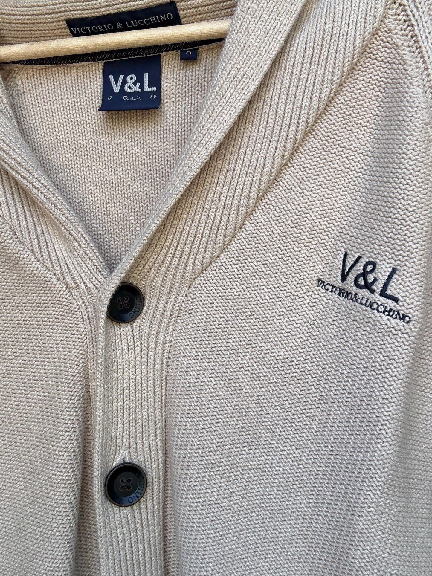 Vintage beige cardigan, 100% cotton, shawl collar, front button closure, embroidered logo, minimalist casual, US XL, everyday layering