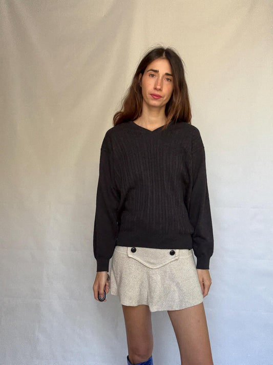 Pierre Cardin Paris dark sweater, wool blend, ribbed v neck, dark academic style, Carolyn bessette, kennedy vibe, US XL, office chic