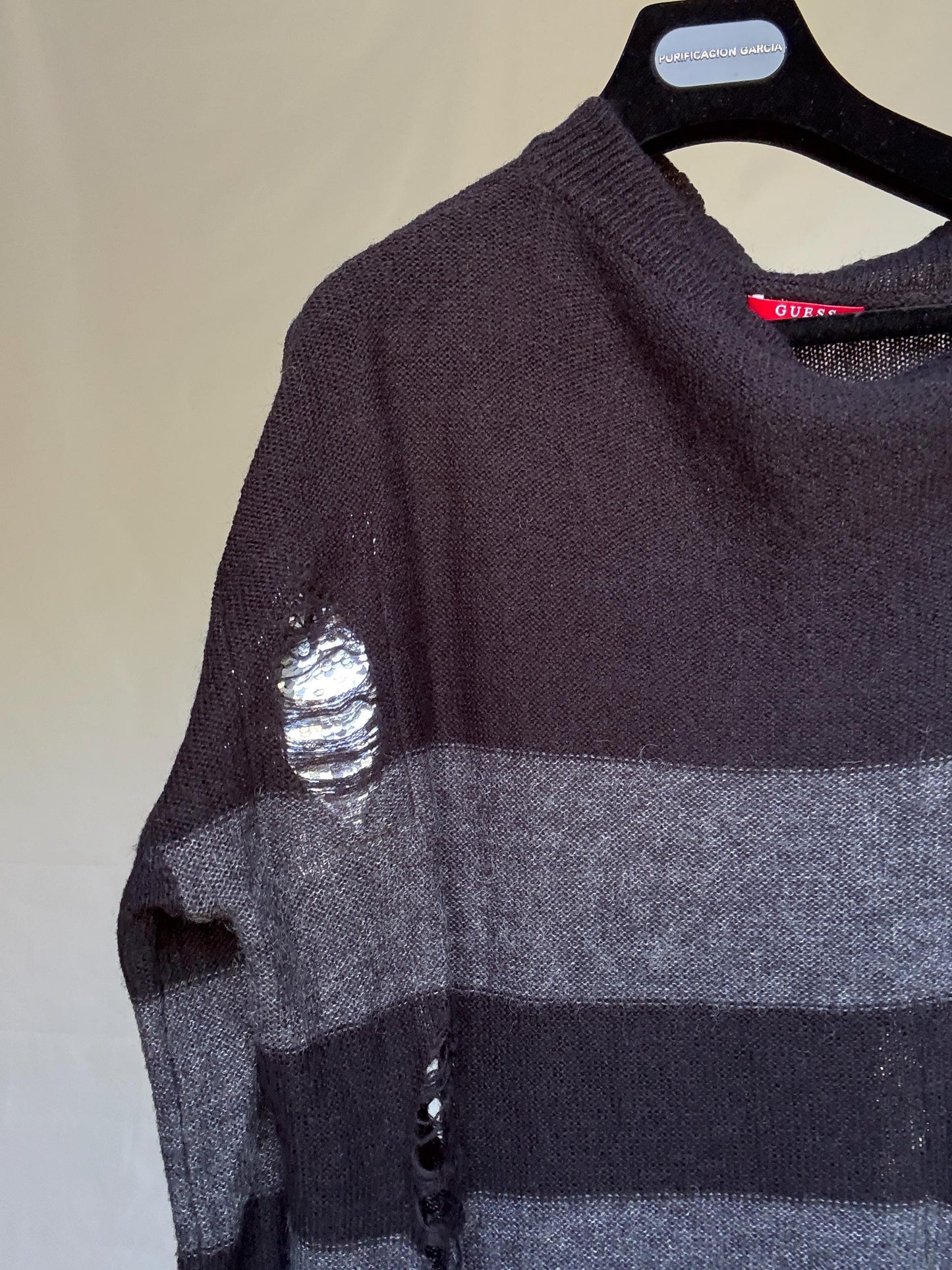 Guess Los Angeles dark gray and black asymmetric sweater dress, wool blend, slim fit, distressed knit with ribbed cuffs