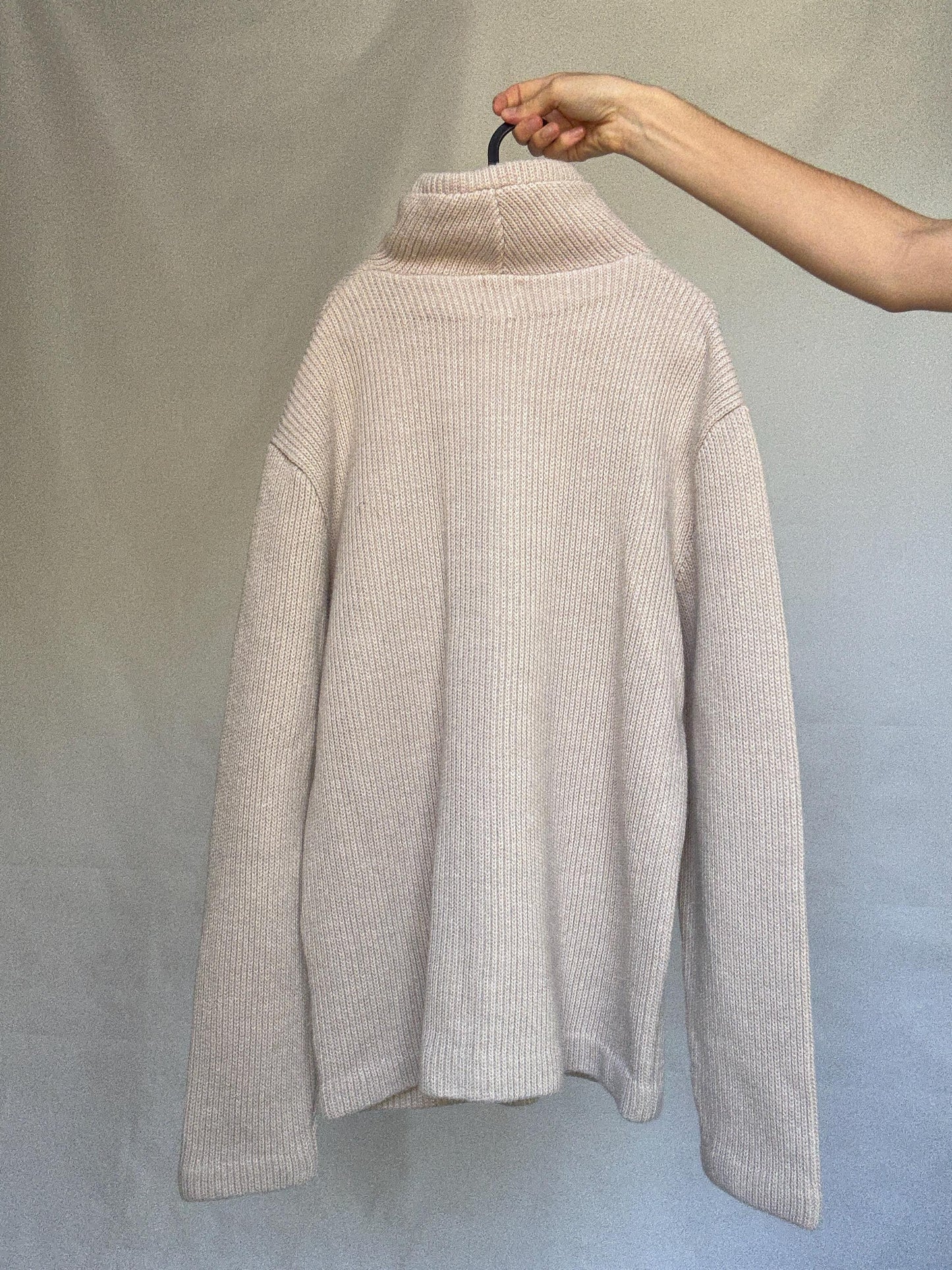 Pedro del Hierro beige knitted jacket, wool blend, ribbed high collar, three front pockets, light academia Timothée Chalamet, US XXL