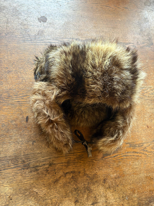 Vintage Brown Rabbit Fur Hat With Ear Flaps — detail