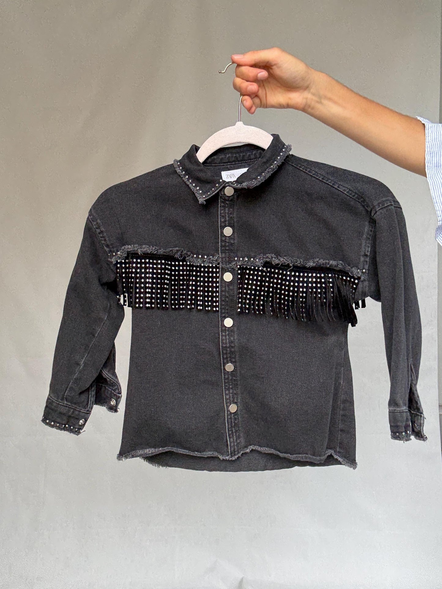 black denim kids jacket, studded tassle fringe, retro 90s punk vibe, streetwear kids style