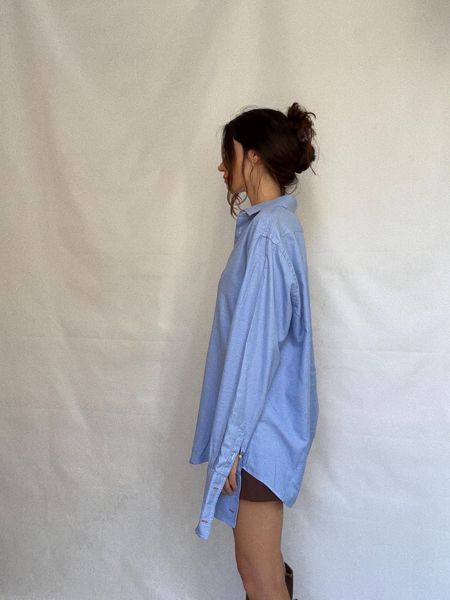 Vintage Men's Carolina Herrera blue and white button up shirt