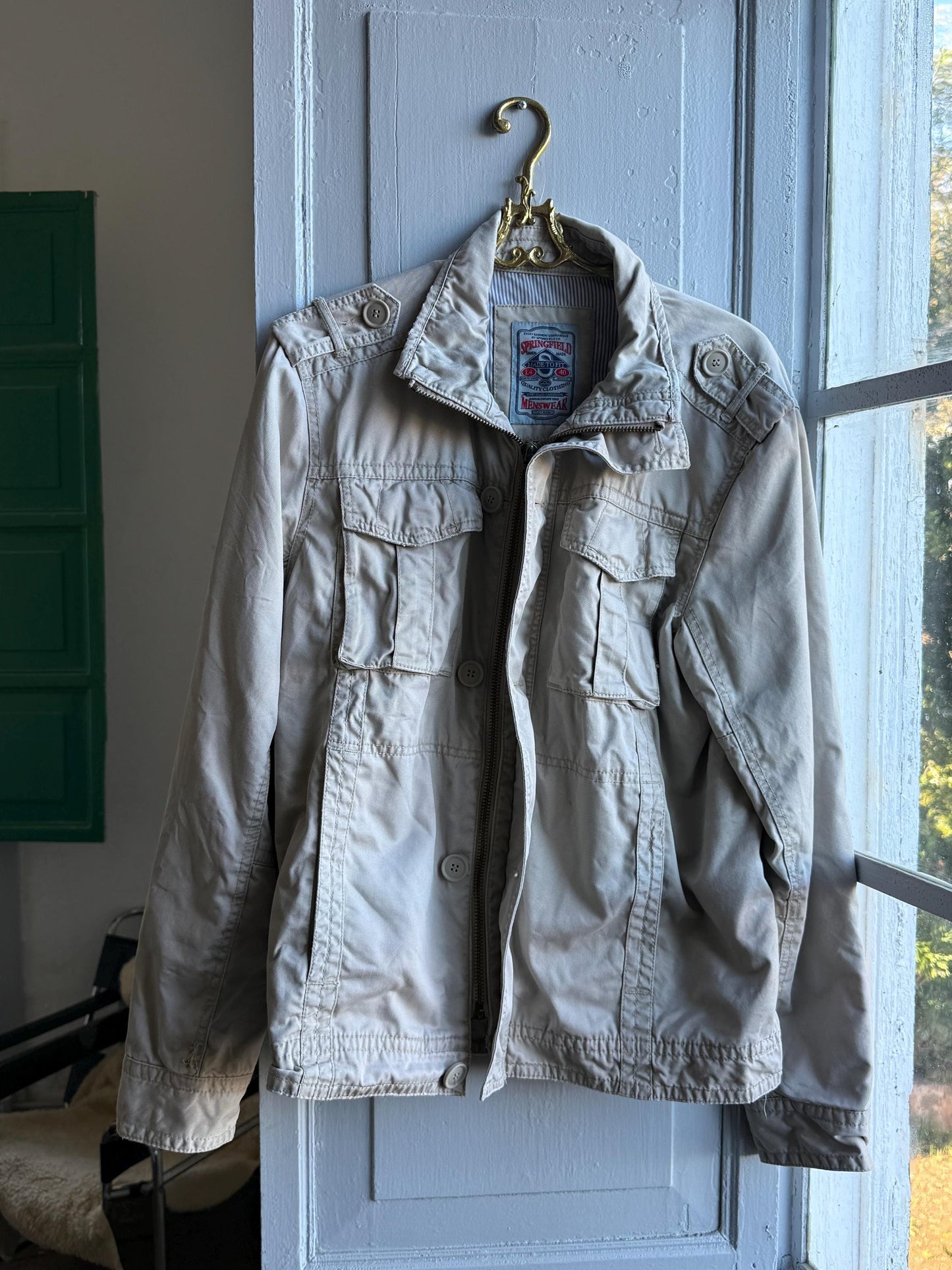 Vintage beige utility jacket, Cotton outdoor menswear, Beige summer coat, L