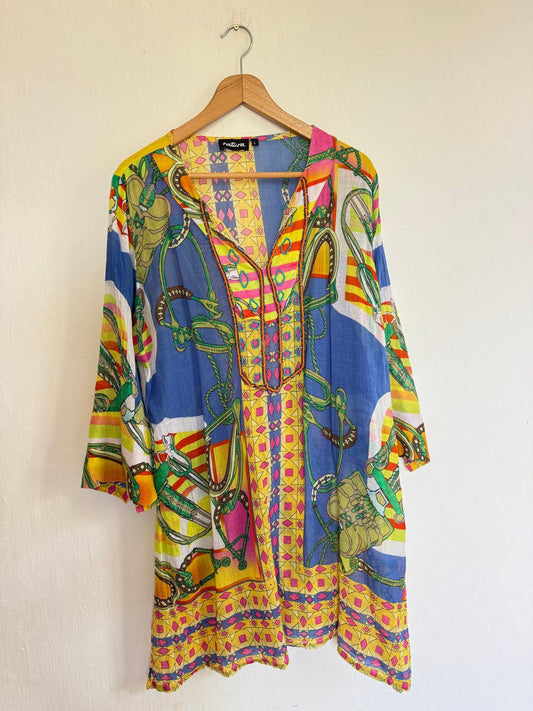 Natura colorful tunic summer dress, 100% cotton beach wear, Size L