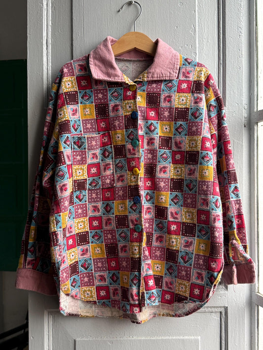 Vintage multicolor kids patchwork shirt, floral buttons button down, retro 70s kidswear