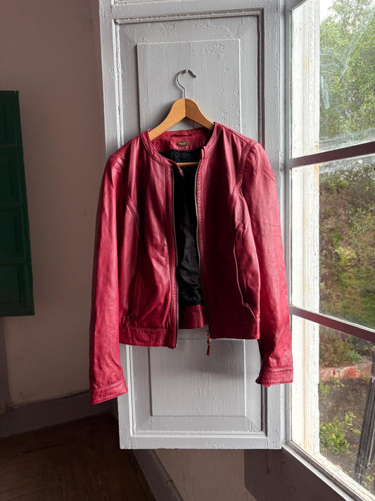 Burgundy Leather Minimalist Jacket for Women — detail