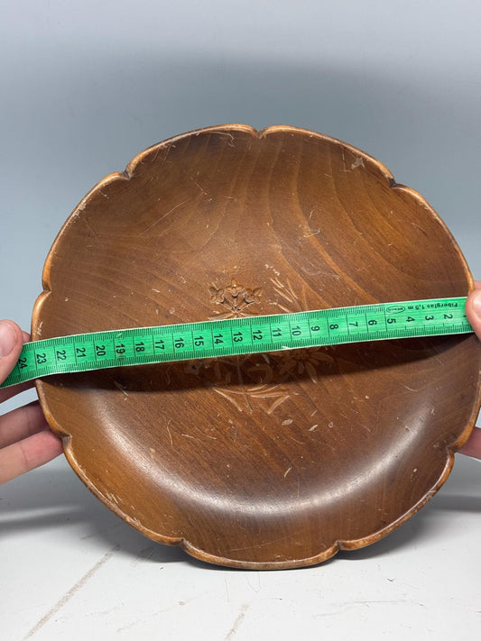 Black Forest Edelweiss carved wooden fruit bowl music box, Vintage collectible decor